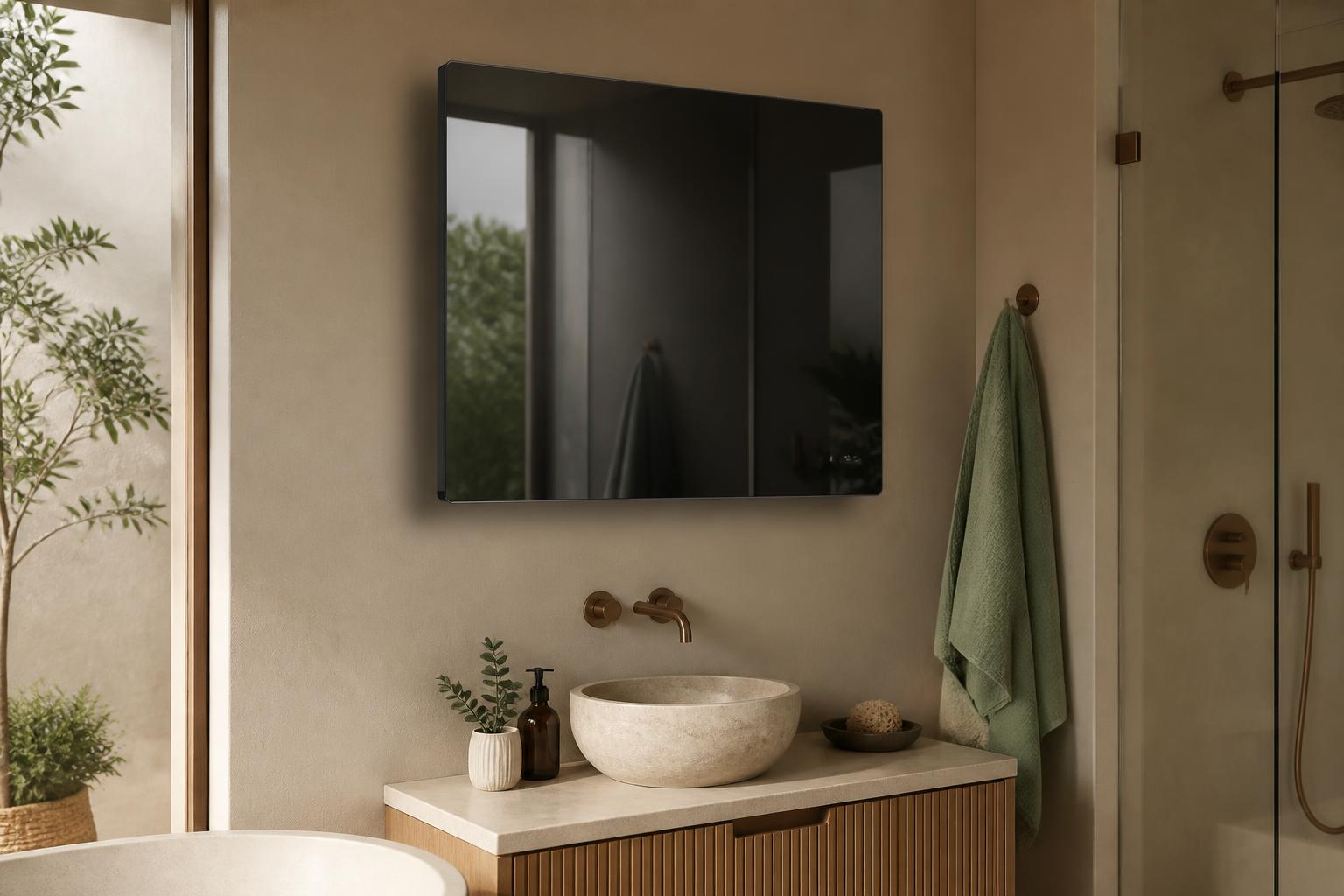 Glas-Infrarotheizung mit Spiegelfront im Bad – moderne Spiegelpaneel-Bauart
