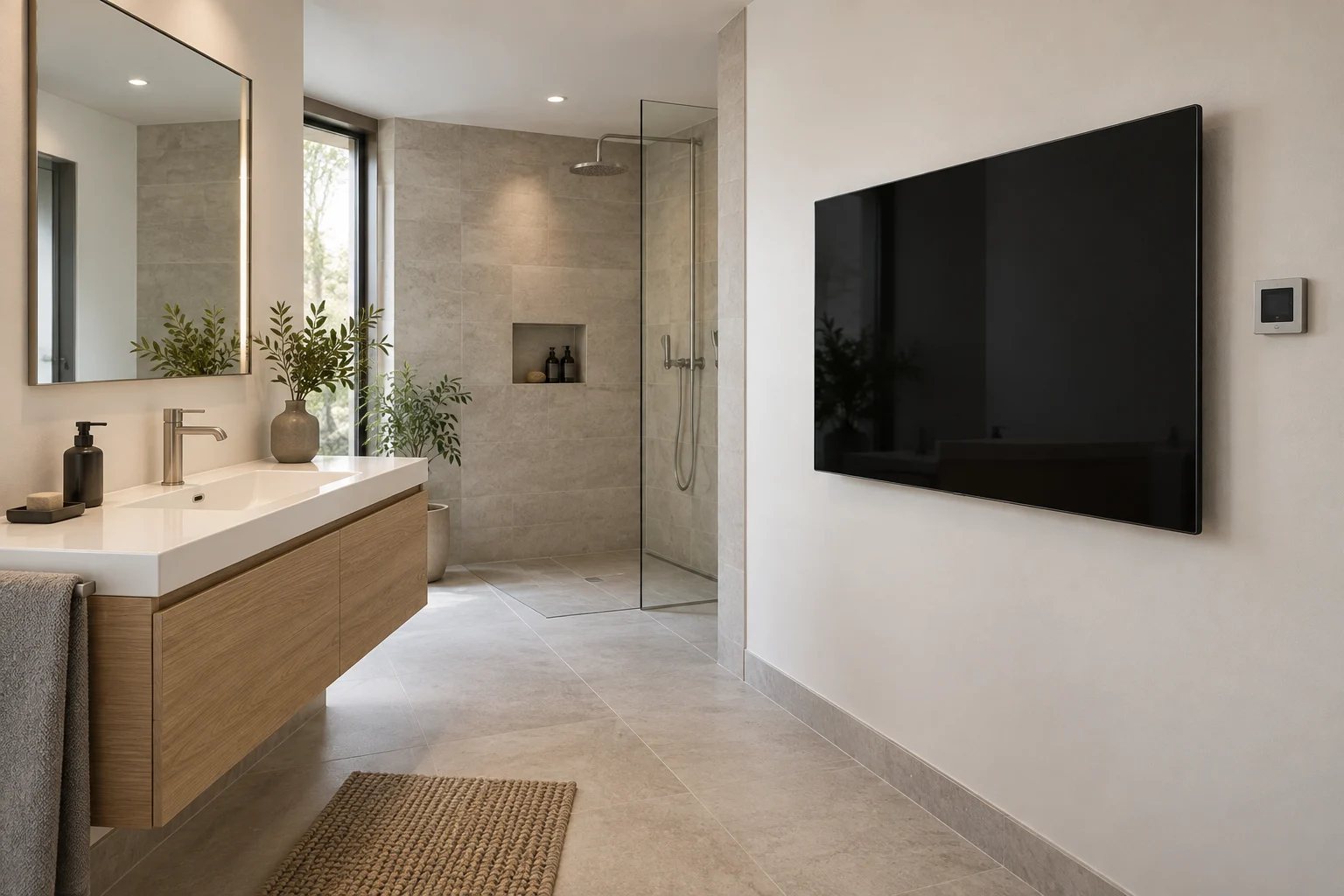 Badezimmer mit schwarzem Glas-Infrarotpaneel im trockenen Wandbereich und separatem Thermostat