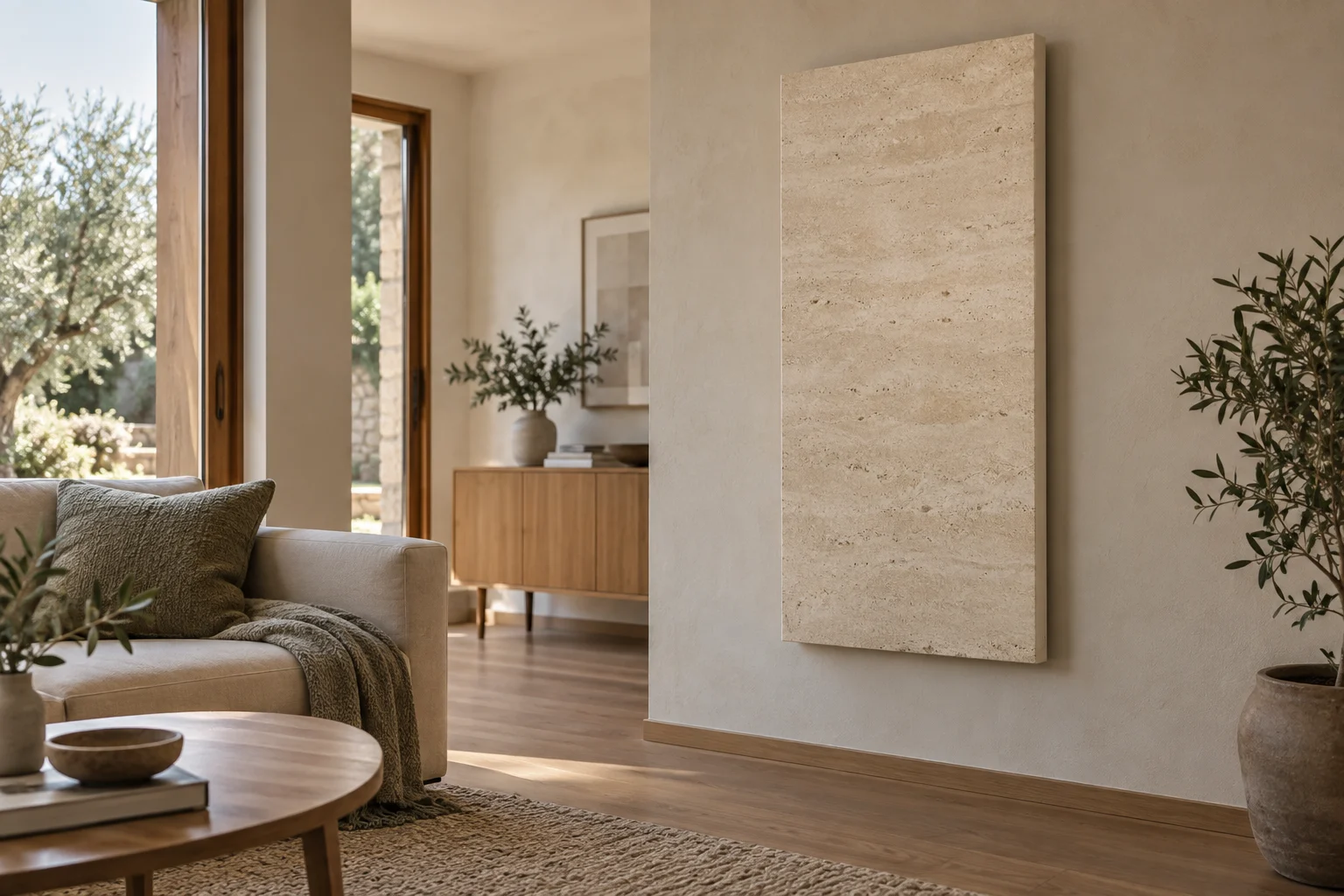 Heller Wohnraum mit einer flachen Natursteinfläche als Infrarotheizung an der Wand